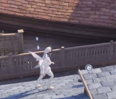 a person with wings is standing on a roof in front of a fence