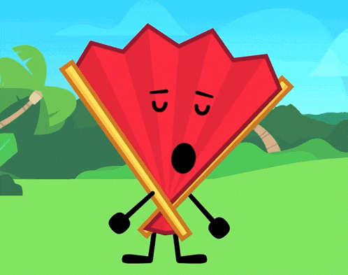 a cartoon drawing of a red fan with a face and arms and legs