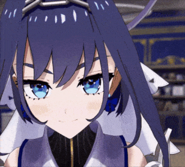 a girl with purple hair and blue eyes looks at the camera