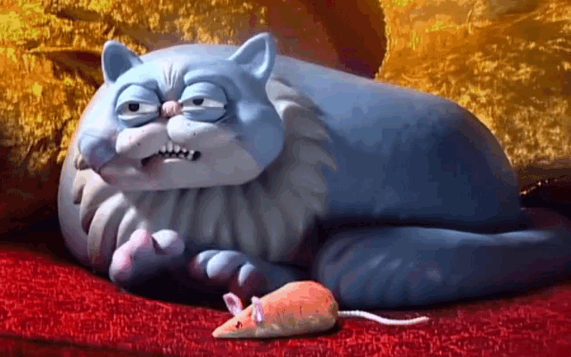 a cartoon cat is laying on a red couch next to a toy mouse