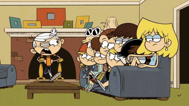 a group of cartoon characters are sitting around a table with a man standing in the middle