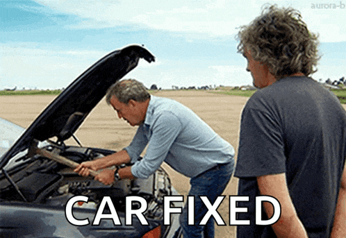 two men are working on a car with the words car fixed written below them