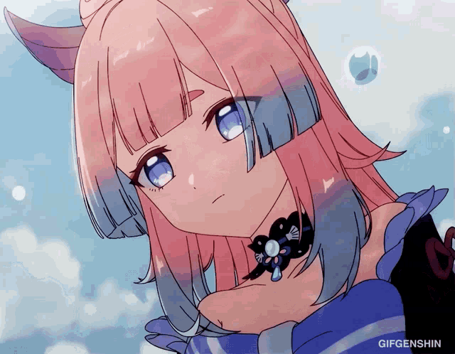 a girl with pink hair and blue eyes has a gifgenshin logo on the bottom right