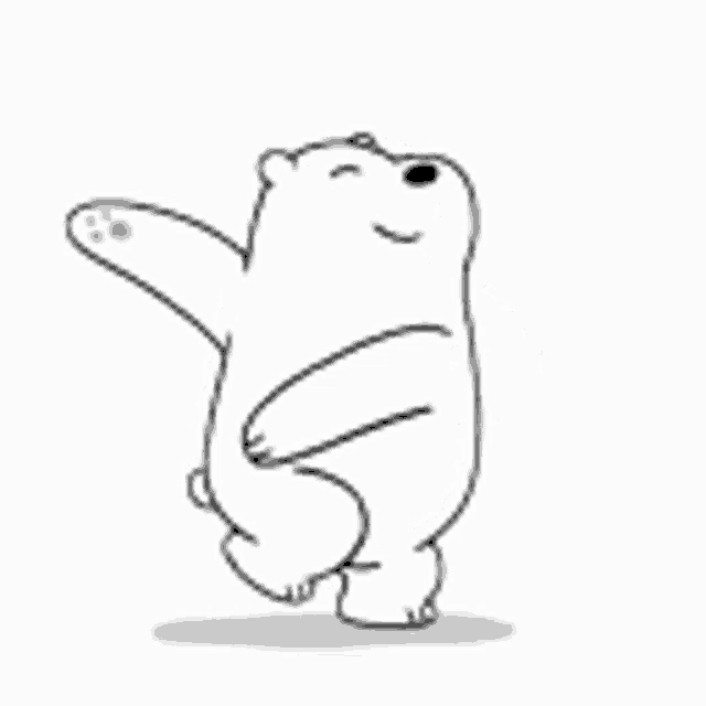 a black and white drawing of a polar bear walking with its arms outstretched .