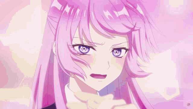 a girl with purple hair and blue eyes is looking at the camera
