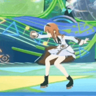 a cartoon girl is dancing on a stage in a video game while holding a sword .