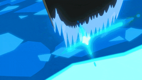 a cartoon drawing of a shark 's teeth with a blue light coming out of them