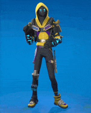 a man in a yellow hoodie and black pants holds a gun