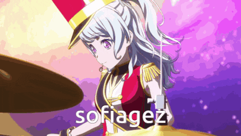 a girl in a top hat is playing drums and the word sofiagez is on the bottom of the image