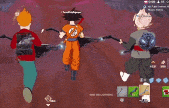 a group of people are playing a video game and one of them is a cartoon character holding a gun .
