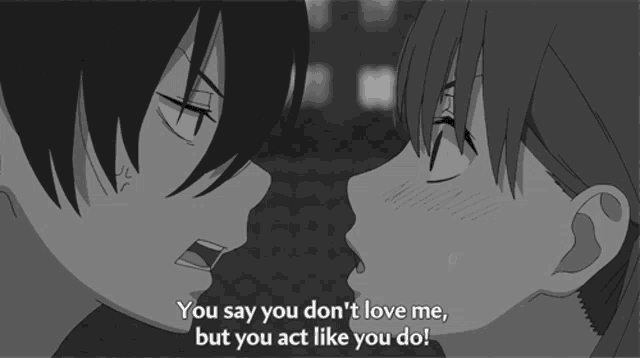 a black and white drawing of a boy and a girl with the words you say you don 't love me