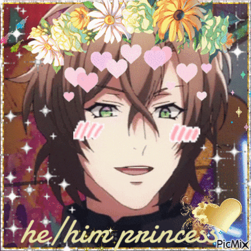 a picture of a boy with a flower crown on his head and the words he him prince on the bottom