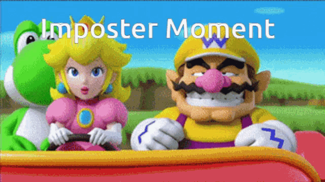a cartoon of mario and princess peach driving a car with the words imposter moment below them