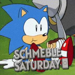 a cartoon of sonic the hedgehog with the words schmeble saturday behind him