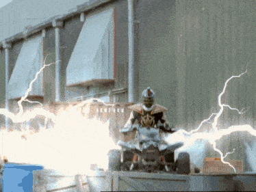 a man is riding an atv with lightning coming out of it
