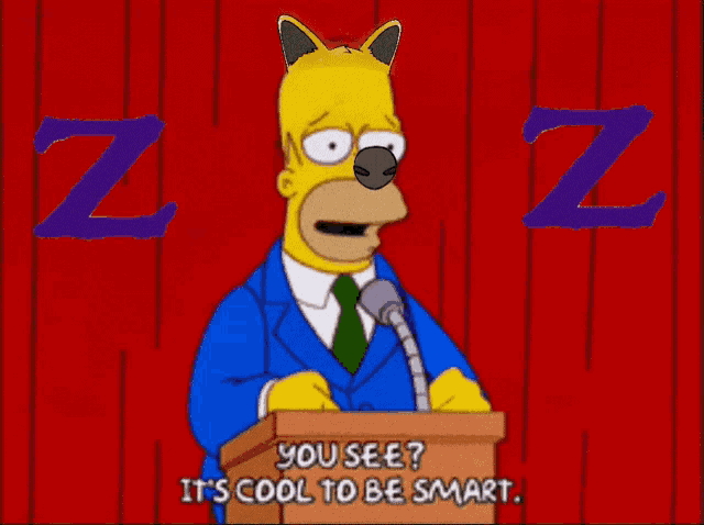 a cartoon of homer simpson giving a speech with the words " you see it 's cool to be smart "