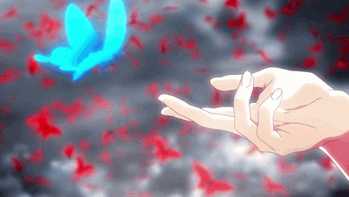a person is reaching out towards a blue butterfly