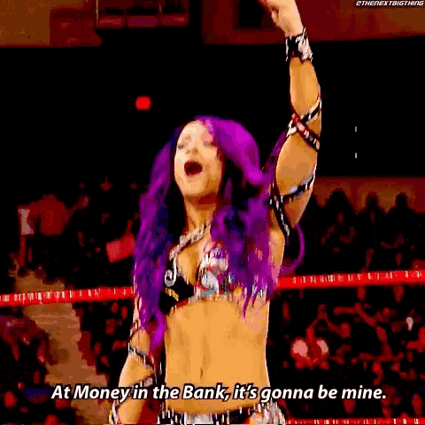 a female wrestler with purple hair says at money in the bank it 's gonna be mine