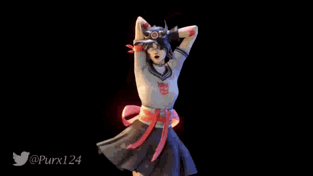 a girl with horns on her head is dancing in front of a twitter logo that says @purx124