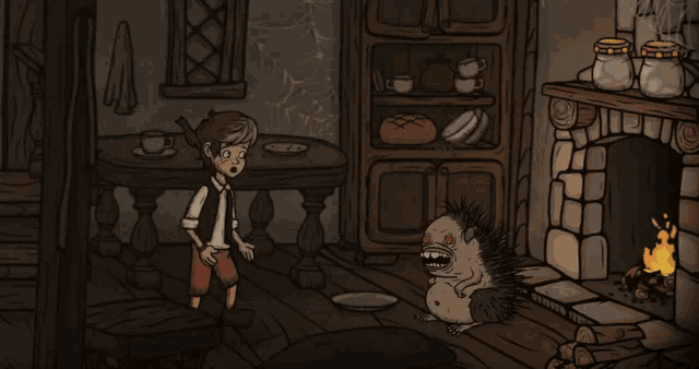 a cartoon of a boy and a hedgehog in a room