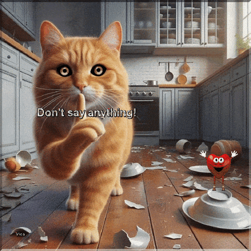 a cat standing in a messy kitchen with the words " do n't say anything " below it