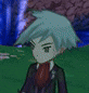 a close up of a cartoon character in a suit and tie standing in a field .