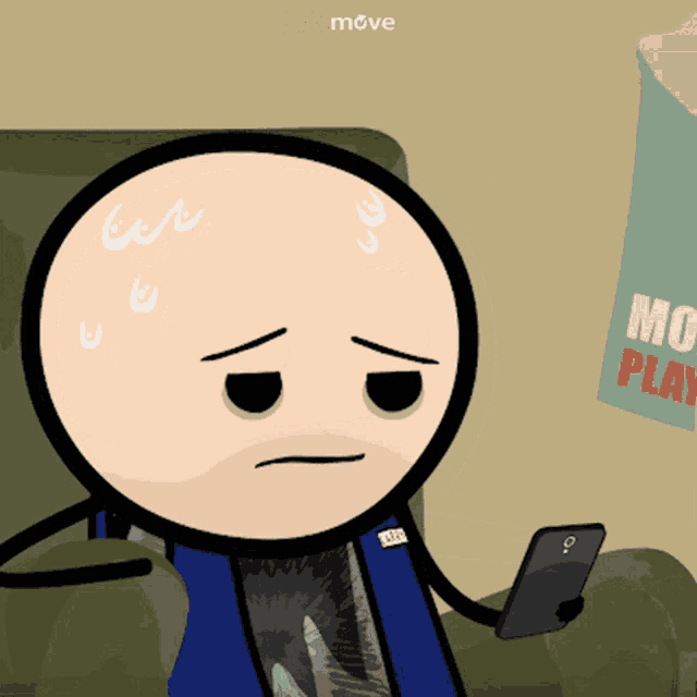 a cartoon character is sitting on a couch looking at a cell phone