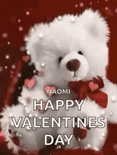 a white teddy bear with a red bow is sitting on a red background with hearts .