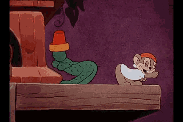 a cartoon of a squirrel standing next to a cactus with a pot on top of it .