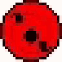 a pixel art drawing of a red circle with a black center on a white background .