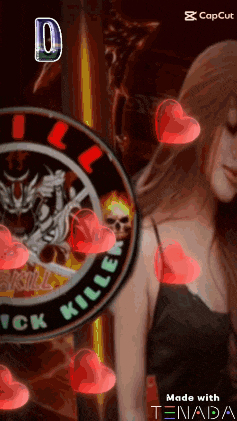 a woman is surrounded by red hearts and a circle that says " black killer "