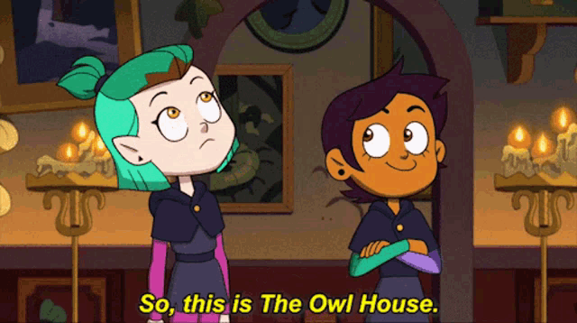 two cartoon characters are standing next to each other with the words so this is the owl house