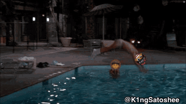 a picture of a person in a swimming pool has the hashtag @k1ngsatoshee at the bottom