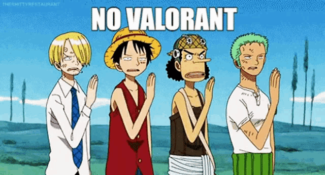 a group of cartoon characters are standing next to each other with the words no valorant written above them .