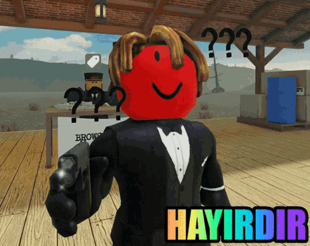 a roblox character holding a gun in front of a sign that says brow 's