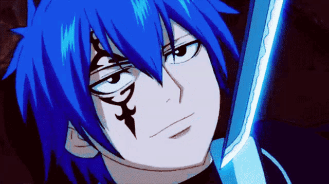 a blue haired anime character with a tattoo on his face holds a sword