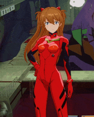 a girl in a red suit is standing in front of a sign that says ' a '
