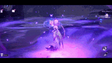 a screenshot of a video game where a character is standing in a purple area