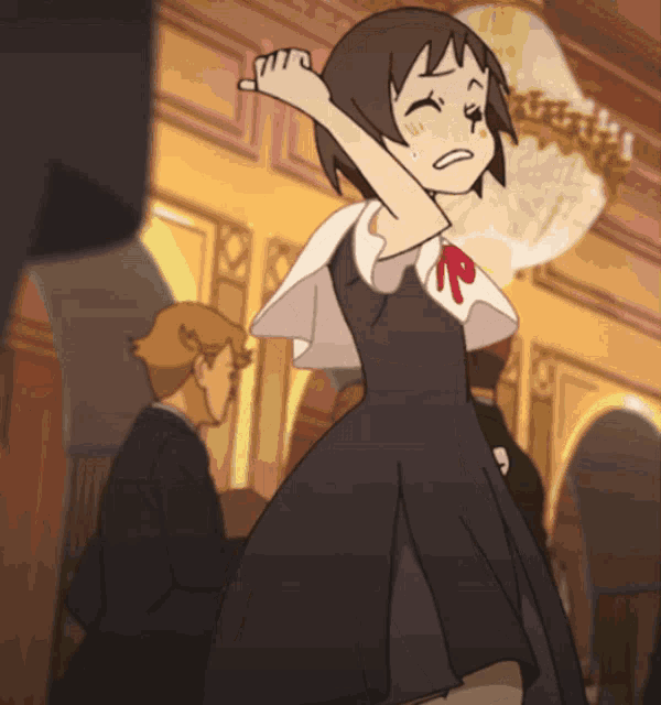 a cartoon drawing of a girl in a black dress dancing
