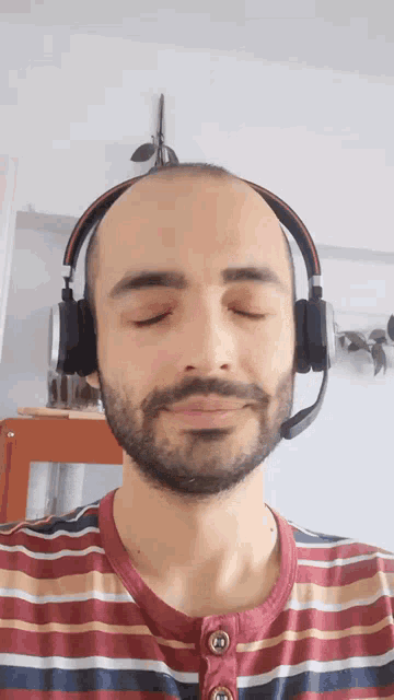 a man with his eyes closed wearing headphones