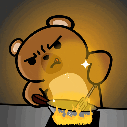 a cartoon of a teddy bear cooking on a stove top