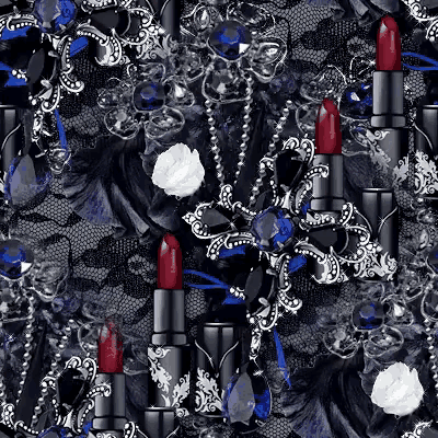 a seamless pattern of lipsticks surrounded by lace and crystals