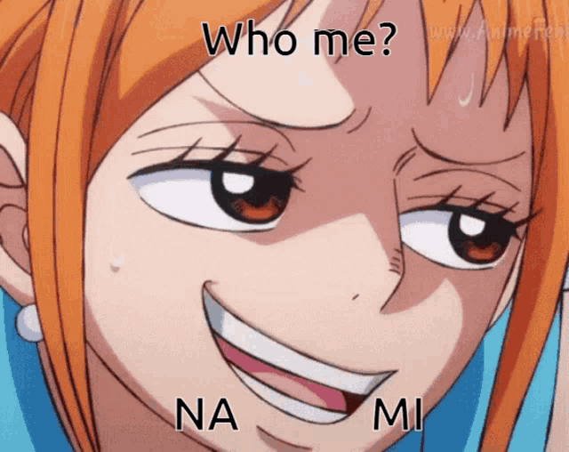 a close up of a woman 's face with the words who me na mi written on it