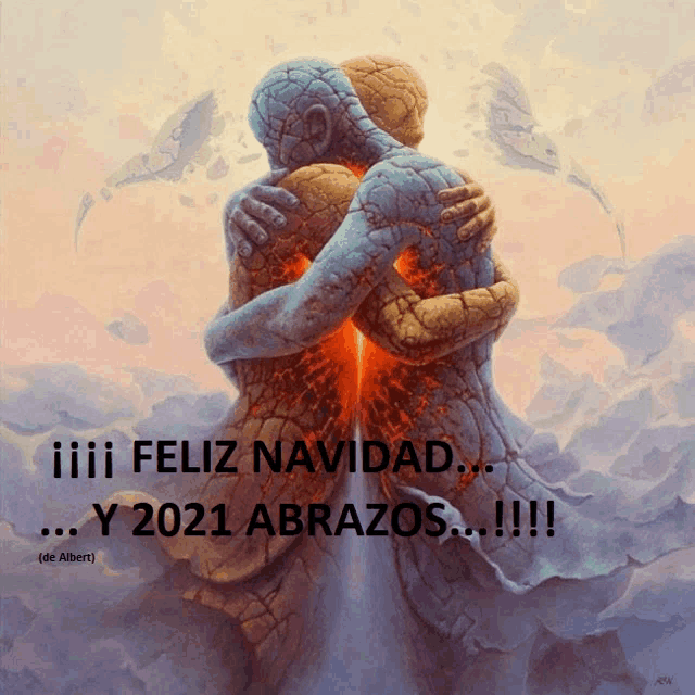 a painting of two people hugging with the words feliz navidad