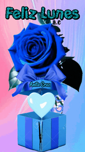 a blue rose is in a blue box with the words feliz lunes a.c.