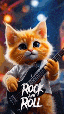a cat is holding a guitar in front of a sign that says rock and roll .