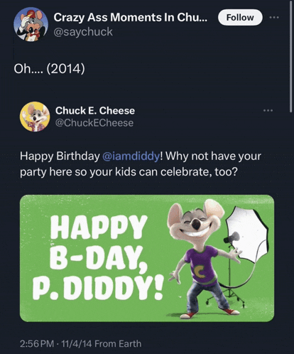 a tweet from chuck e. cheese says " happy b-day breyden "