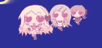 three cartoon girls with pink hearts in their eyes are standing next to each other