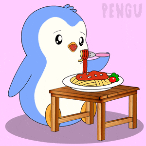 a penguin is sitting at a table with a plate of food and the word pengu on the bottom