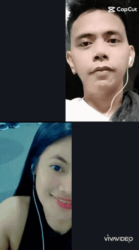a man and a woman are on a video call and the man is wearing earbuds